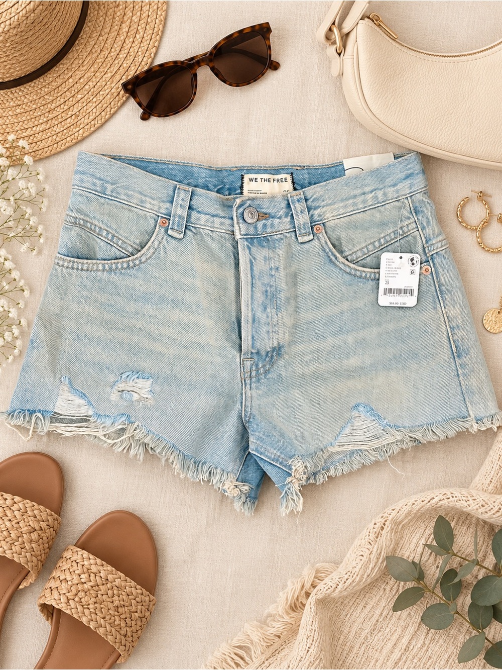 We The Free Well Worn Distressed Denim Shorts Size 25 NWT Light Wash